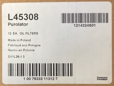 12 L 45308 PUROLATOR OIL FILTERS