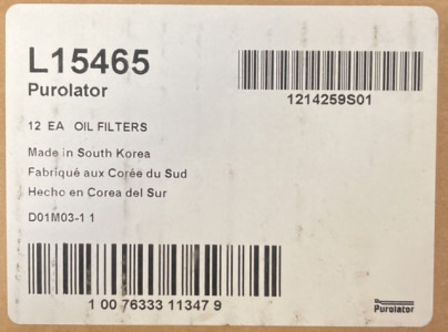 12 L 15465 PUROLATOR OIL FILTERS