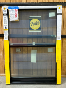 LIKE NEW PELLA LIFESTYLE SERIES BLACK SATIN WOOD FRAMED WINDOW WITH VERTICAL SLIDING PANE-FRAME 41.5&rdquo;x57.5&rdquo;, PANE: 36&rdquo;x25.&rdquo;/EACH, PARENT WALL DEPTH: 4-9/16&rdquo;
