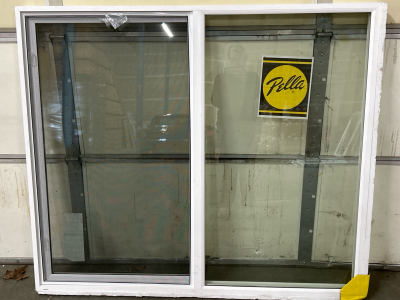 LIKE NEW PELLA WHITE TRIM HORIZONTAL SLIDING WINDOW WITH SCREEN-FRAME: 63&rdquo;x53.5&rdquo;x2.75&rdquo;, PANES: 28&rdquo;x50.5&rdquo;/EACH