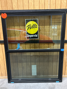 LIKE NEW PELLA IMPERVIAVERTICAL SLIDE WINDOW WITH SCREEN: WHITE TRIM/INTERIOR, BLACK TRIM/EXTERIOR-FRAME: 47.5&rdquo;x59.25&rdquo;x3&rdquo;, PANES: 42.5&rdquo;x25.75&rdquo;/EACH