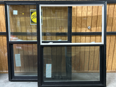 2 PELLA VERTICAL SLIDE DOUBLE-PANE WINDOWS WITH BLACK/EXTERIOR-WHITE/INTERIOR TRIM AND SCREENS (1 IS MISSING TOP PANE, 2ND NEEDS EXTERIOR TOP PANE REPLACED)-FRAMES: 47.25&rdquo;x59.5&rdquo;x3.5&rdquo;, PANES: 43.5&rdquo;x26&rdquo;