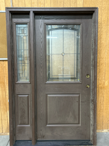 EXTERIOR DOOR WITH DETAILED WINDOW PANES-PARTIAL PRIVACY GLASS IN FRAME WITH HOLE FOR 2 LOCKS-FRAME: 53.25&rdquo;x83.5&rdquo;x4.5&rdquo;+1.5&rdquo; TRIM, PANES: 20.75&rdquo;x34.75&rdquo; AND 6.75&rdquo;x34.75&rdquo;