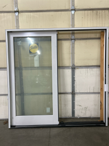 LIKE NEW PELLA SLIDING GLASS DOOR (1 PANE) IN WHITE TRIM FRAME-FRAME: 83&rdquo;x81.5&rdquo;x7&rdquo;, PANE: 67-25/32&rdquo;x32-21/32&rdquo;