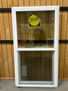 PELLA WHITE TRIM VERTICAL SLIDE DOUBLE-PANE WINDOW WITH SCREEN (BOTH TOP PANES NEED REPLACED)-FRAME: 31.5&rdquo;x59.5&rdquo;x3&rdquo;, PANES: 27.5&rdquo;x26.25&rdquo;
