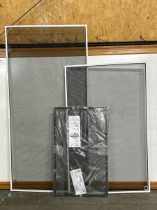 3 MULTI-SIZE WINDOW SCREENS, 2 WHITE TRIM, 1 DARK BROWN TRIM
