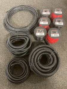WIRE SPOOLS; 12, 14, 16 GUAGE IN BLACK AND IN RED; CORRUGATED WIRE TUBING