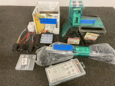 (2) TIRE CHOCKS, ZIP TIES, KIT OF 70 GREASE FITTINGS, FUSES, ELECTRICAL OUTLETS, (4) WORK LIGHTS