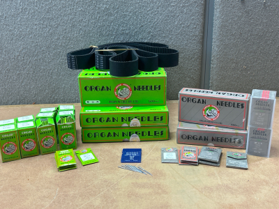 1,000&rsquo;S OF ORGAN NEEDLES CO. SEWING MACHINE NEEDLES IN VARIOUS SIZES AND 2 JIEBAO TIMING BELTS FOR SEWING MACHINES: S5M-1595/07-01 213-219 (BOTH SAME SIZE)