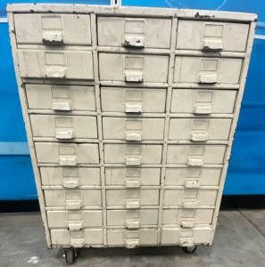 LOAD TOOL BOX, Metal Organizer On Wheels, Full Of Wood Screws, Tape, ZipeTies, Bolts, Sheet Metal Screws, Nail Gun Staples, & MORE!