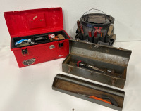 (1) Plastic Toolbox W/ Window Screen Repair Tools (1) Metal Toolbox W/Tools (1) 5-Gallon Bucket W/ Bucket Buddy & Tools