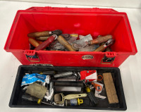 (1) Plastic Toolbox W/ Window Screen Repair Tools (1) Metal Toolbox W/Tools (1) 5-Gallon Bucket W/ Bucket Buddy & Tools - 2