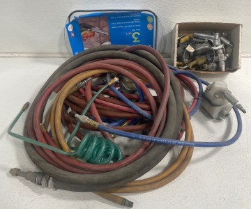 (6)+ Assorted Air Compressor Hoses (1) 13&rdquo; Pyrex Baking Pan & Little Box full of Air Hose Fittings