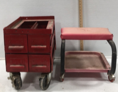 Rolling Metal Cart W/4 Drawers & Rolling Shop Seat