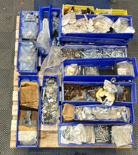 Pallet Of Parts And Part Bins Including Shield Bolts, Nuts, Washers And More