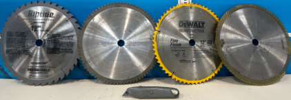 (4) Table Wood Saw Blades, & Utility Knife