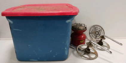 (1) Large Rubbermaid Tote W/Lid (2) Crankset & Sprockets (1) Hotspot Heater