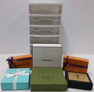 (1) 5-Drawer Tote On Wheels (6) Assorted Fragrance Boxes Including (1) Gucci (2) Louis Vuitton (1) YSL (1) Chanel