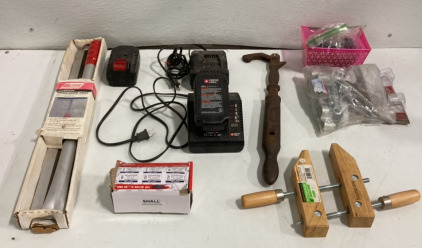 (2) Assorted Drill Batteries And Chargers (1) Nail Puller (1) Knock Down Knife And More!