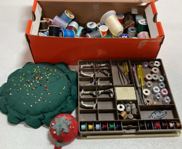 Assorted Sewing Thread, Pins, and Machine Feet