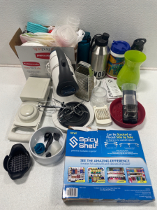 Assorted Kitchen Appliances, Water Bottles, Multiple Rubbermaid Containers Sunbeam Mixer and More