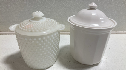 (1) Milk Glass and (1) White Ceramic Cookie Jar