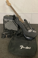 FENDER SQUIRE STRATOCASTER ELECTRIC GUITAR WITH GIG BAG AND SMALL FRONTMAN 15G AMP— UNTESTED, NO POWER SUPPLY