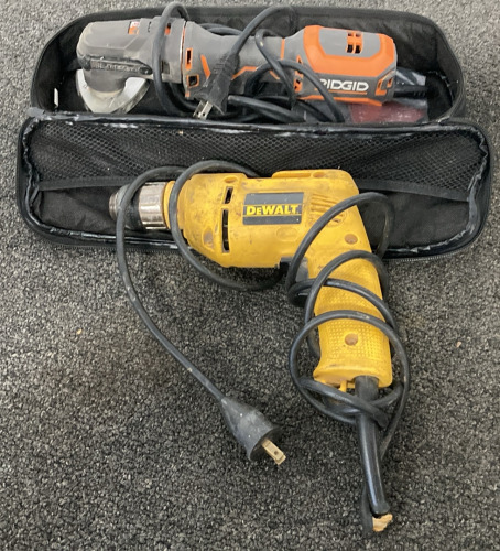 RIGID CORDED ANGLE GRINDER (WORKS) AND DEWALT CORDED DRILL WITH DAMAGED CORD