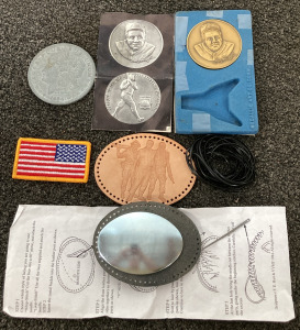 VINTAGE COLLECTIBLES INCLUDING: BABE RUTH MEDALLION, LEATHER CRAFT BELT BUCKLE, E PLURIBUS UNUM MEDALLION AND FLAG PATCH