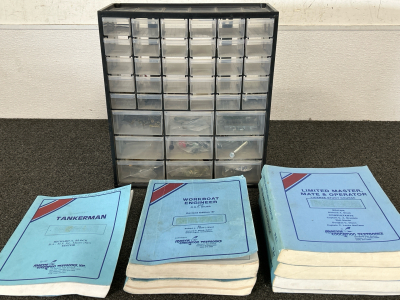 MARINE EDUCATION TEXTBOOKS: TANKERMAN, WORKBOS ENGINEER ANS LIMITED MASTER, MAR & OPERATOR AND MULTI-DRAWER PLASTIC HARDWARE STORAGE CABINET