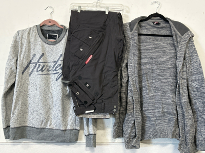 FOURSQUARE BRAND MENS SNOW PANTS (XL), QUICKSILVER SWEATER JACKET (L) AND HURLEY LIGHTWEIGHT SWEATSHIRT (L)