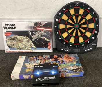 NARWHAL DART BOARD, STARWARS MILLENNIUM FALCON AND X WING STARFIGHTER SET, WRESTLING CHALLENGE GAME, SEALIGHT LED CAR LIGHTING
