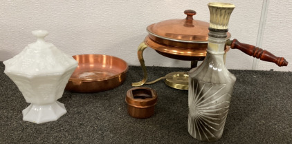 VINTAGE COPPER PAN SET, VINTAGE MILK GLASS CANDY JAR, VINTAGE LIQUOR BOTTLE