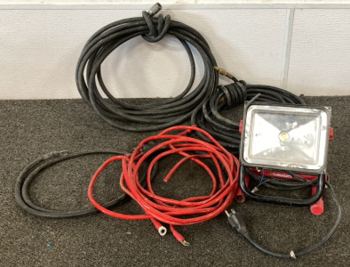 TWO BLACK POWER WASH HOSES, 8.6MM SCOSCHE ALUMINUM POWER CABLE, HUSKEY DRIVER LAMP