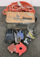 (1) HEAVY DUTY EXTENSION CORD, (3) INDIVIDUAL WORK GLOVES, (1) HAND HELD SAW KNIFE, (1) RIGID TOOL BAG WITH (3) TUBES OF CAULK, AND MORE