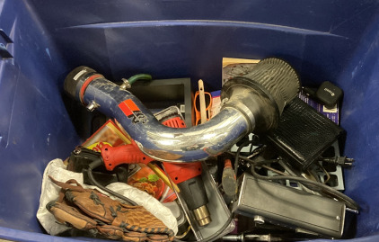 (1) LARGE PLASTIC BIN OF TOOLS AND SPORTS EQUIPMENT INCLUDING (1) RAWLINGS BASEBALL MITT, (1) SWISS GEAR BACKPACK, (1) MILWAUKEE GEAT GUN (POWERS ON) K&N AIR INTAKE, AND MORE