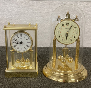 (1) VINTAGE SETH THOMAS GLASS DOME QUARTZ ANNIVERSARY MANTEL CLOCK WITH (1) VINTAGE WEST GERMANY ELGIN QUARTZ CLOCK
