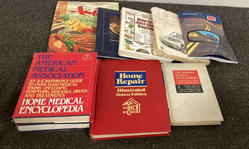 (9) BOOKS INCLUDING (1) “THE MODERN MEDICAL ENCYCLOPEDIA”, (1) “HOME REPAIR”, AND MORE WITH (1) GLASS HUMMINGBIRD FEEDER