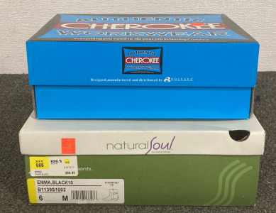 (1) AUTHENTIC CHEROKEE WORKWEAR PAIR OF SHOES (WOMENS SIZE 5M), WITH (1) PAIR OF NATURAL SOUL EMMA BLACK 6M BOOTS