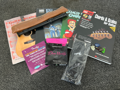 (4) GUITAR BOOKS, NYLON GUITAR STRAP, RECORDER AND MORE