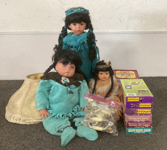 (3) VINTAGE PORCELAIN DOLLS INCLUDING (1) ORIGINAL SPECIA EDITION VANESSA DOLL, (6) EXERCISE VHS TAPES, (1) VINTAGE SOCK MONKEY & YOU BOX, WITH (1) SMALL BAG OF VINTAGE DRAWER HANDLES