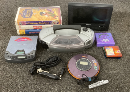 (1) POLAROID PORTABLE DVD PLAYER (UNABLE TO TEST), (1) VIATEK RADIO, (1) RGA CD PLAYER, AND MORE