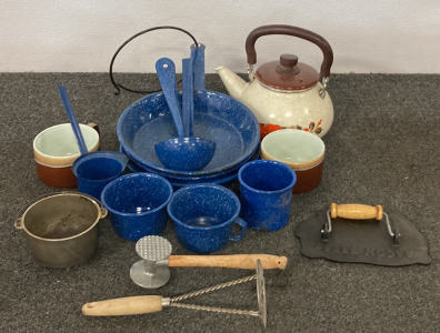 (9) PIECE CAMPING COOKWARE SET INCLUDING (3) PANS, (3) MUGS, (1) LADEL, (1) SERVING SPOON, AND (1) SERVING SPOON, WITH (1) CERAMIC TEA POT, (2) CERAMIC MUGS, (1) BACON PRESS, AND MORE