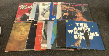(1) 14.5&rdquo;X15.5&rdquo; BOX OF VINYL RECORDS (20 PLUS), INCLUDING &ldquo;ROGER WHITTAKER ALL MY BEST&rdquo;, &ldquo;JOHNNY MATHIS HOLD ME, THRILL ME, KISS ME&rdquo;, AND MORE