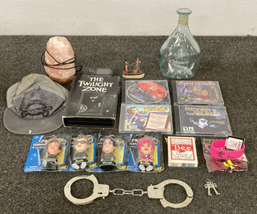 (4) &ldquo;THE OSBOURNE FAMILY KEYCHAINS&rdquo; (SHARON, JACK, OZZY, AND KELLY INCLUDED) WITH (1) TWILIGHT ZONE VHS TAPE, (1) GLASS CHINACO BOTTLE, AND MORE