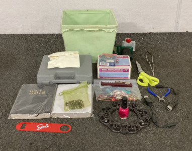 (1) WHEEL INSTALLATION KIT, (2) HOLY BIBLE&rsquo;S, (1) DECK OF MLB TEAM PLAYING CARDS, (1) STOLI BOTTLE OPENER, AND MORE
