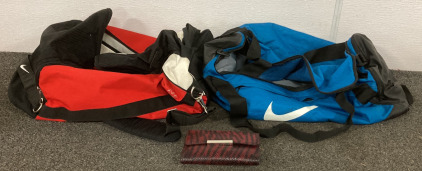 (1) BLUE NIKE DUFFLE BAG AND (1) RED NIKE DUFFLE BAG, WITH (1) WALLET