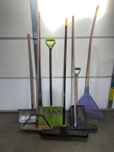 (3) SNOW SHOVELS, (3) SHOP BROOMS, PLASTIC RAKE