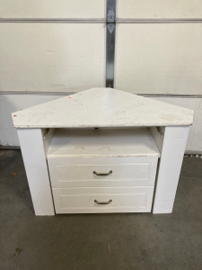 CORNER DESK, WHITE, WITH ROLL OUT CUSHIONED SEAT