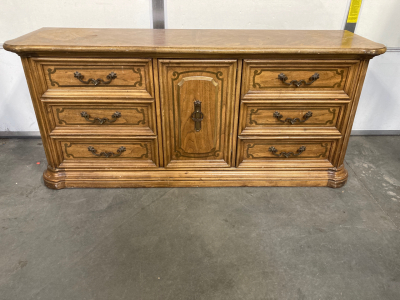 LARGE VINTAGE DRESSER, 6 VISIBLE DRAWERS WITH 3 BEHIND DECORATIVE FRONT DOOR, 70&rdquo;X32&rdquo;X19&rdquo;